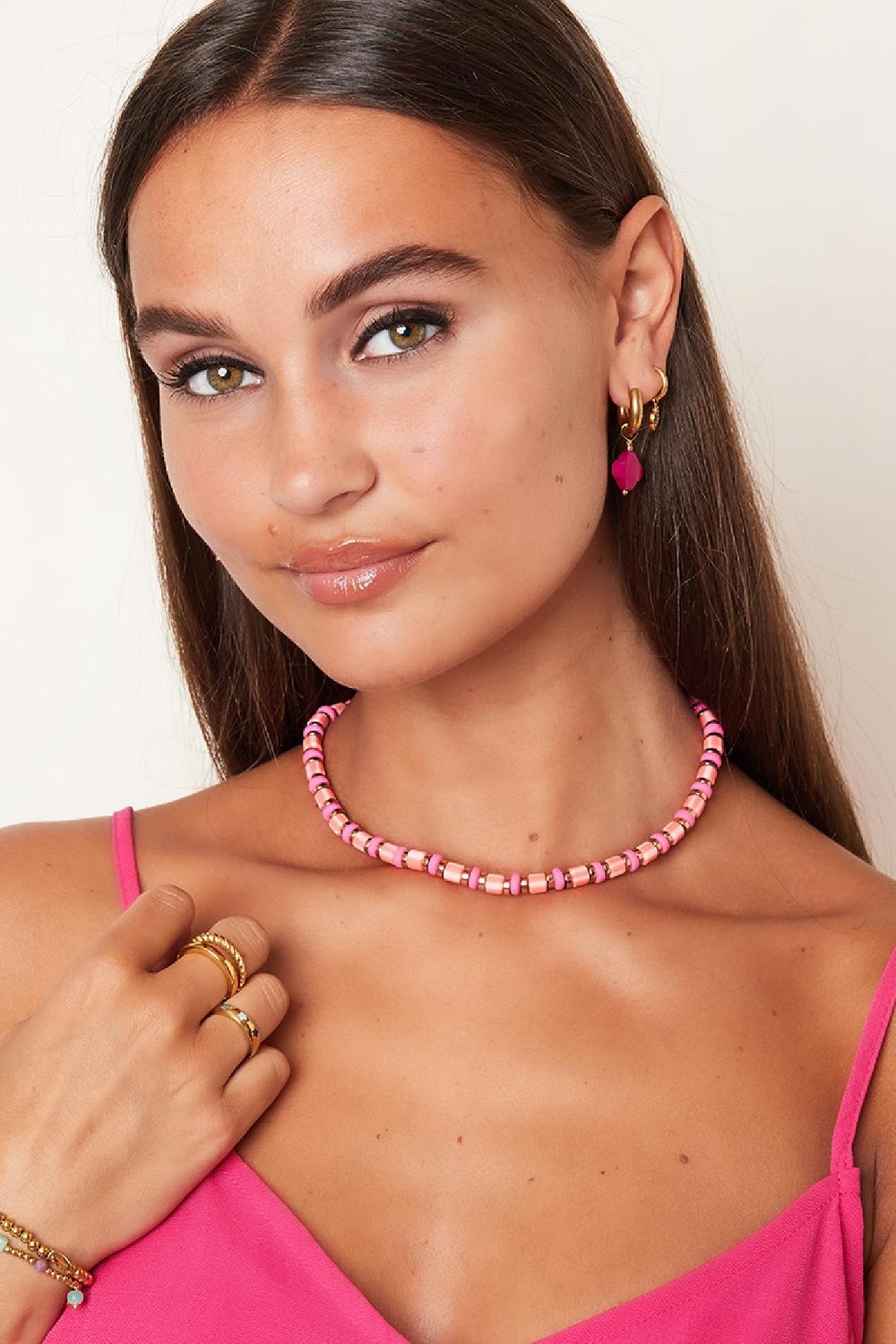 Collana colorata con perline grandi Pink & Gold polymer clay h5Immagine2